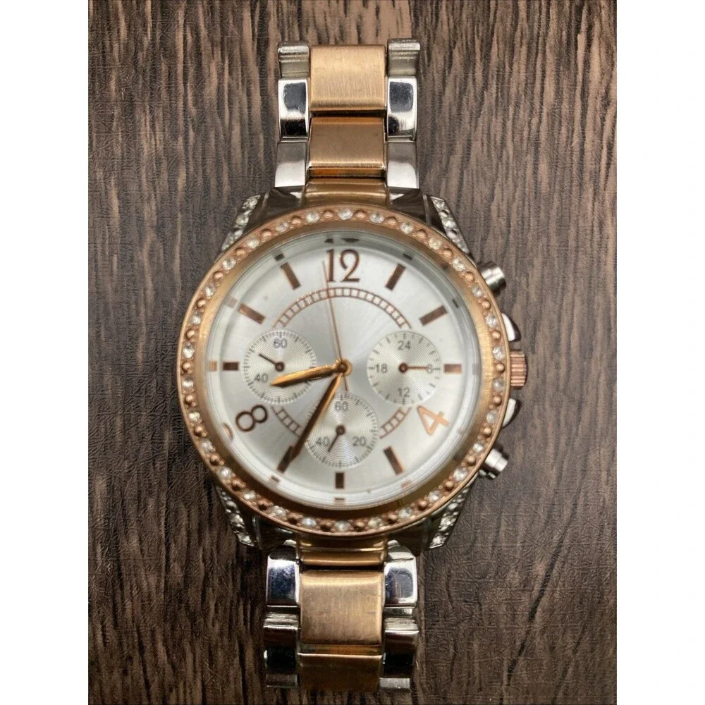 Two Tone Rhinestone Chrono Womens Watch Gold & Silver Tone Works New Battery